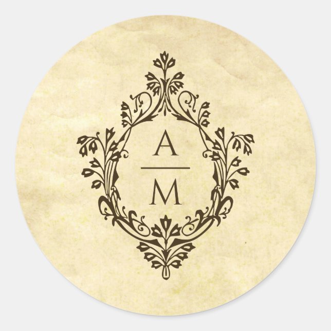 Pegatina Redonda Escudo Monograma Pergamino de época Boda victorian (Anverso)