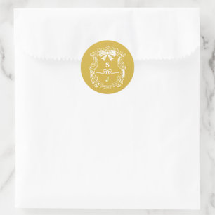 Pegatina Redonda Escudo Monograma Vintage Gold Bows & Ribbons