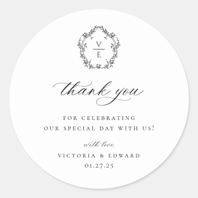 Pegatina Redonda Escudo negro vintage Boda Monograma Gracias (Anverso)