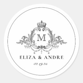 Pegatina Redonda Escudo Real Elegant Wreath Monograma Boda