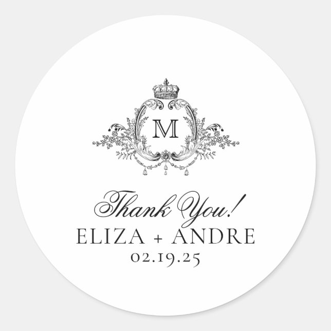 Pegatina Redonda Escudo Real Elegant Wreath Monograma Gracias (Anverso)