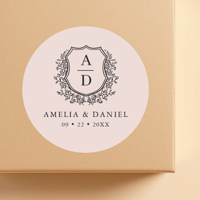 Pegatina Redonda Escudo rosa Rubor Boda monograma moderno (Subido por el creador)
