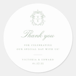 Pegatina Redonda Escudo verde sabio Monograma Boda Gracias