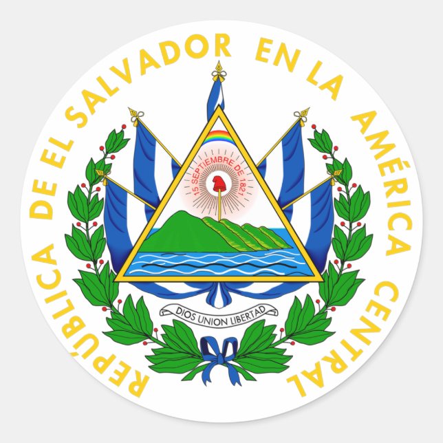 Pegatina Redonda Escudos de El Salvador Banderas del Mundo (Anverso)