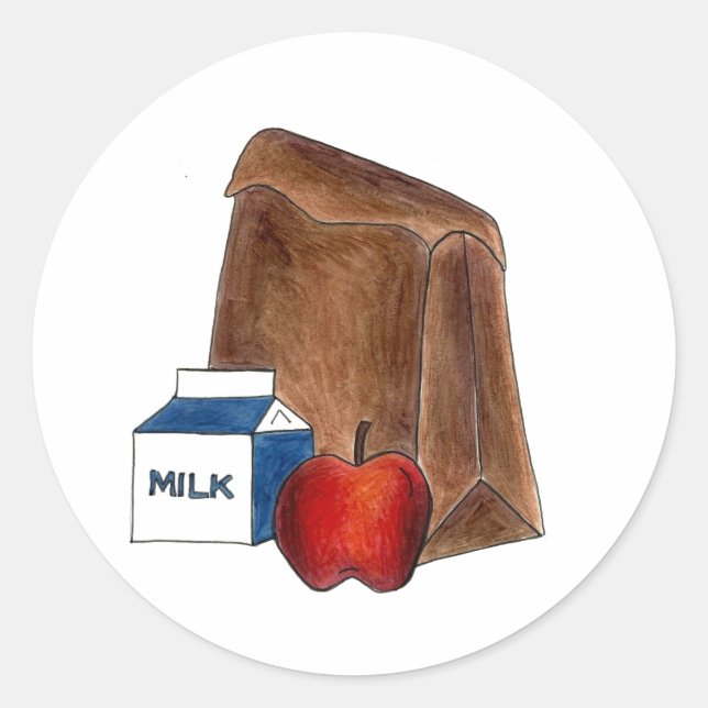 Pegatina Redonda Escuela Brown Bag Sack Lunch Lady Maestra Apple (Anverso)