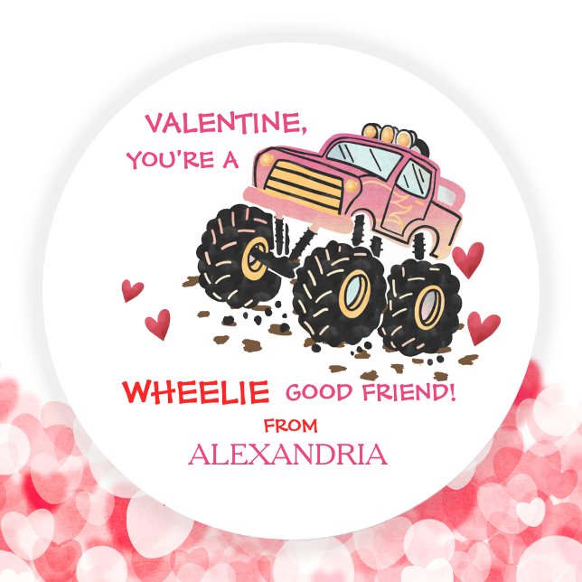 Pegatina Redonda Escuela de Camiones de Monstruo Rosa Cute Valentin (Cute Pink Monster Truck School Valentine Classic Round Sticker)