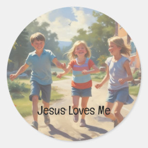 Pegatina Redonda Escuela Dominical Jesús Me Ama Niños Juegan