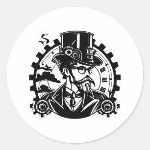 Pegatina Redonda Esencia de Steampunk en blanco y negro