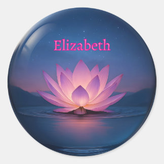 Pegatina Redonda Esfera de vidrio de Lotus brillante con nombre per