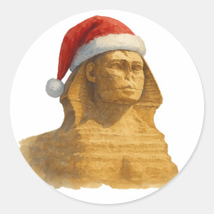 Pegatina Redonda Esfinge de Egipto Sombrero de Santa Acuarela Navid