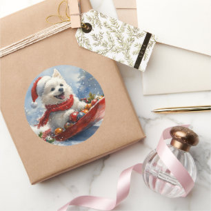 Pegatina Redonda Eskimo americano en Sledge Let it Snow Navidades