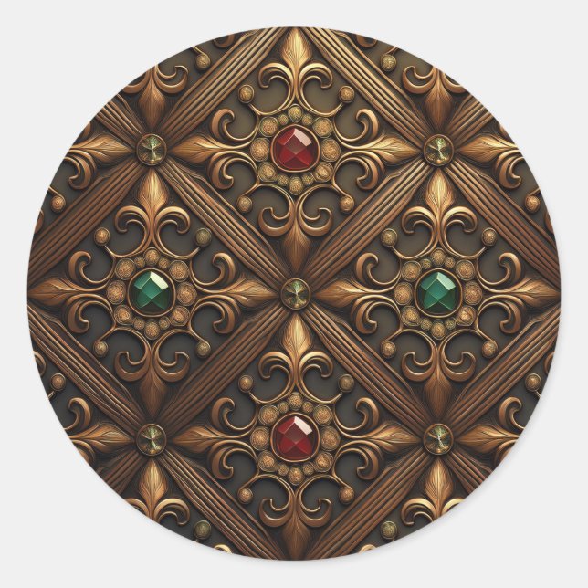 Pegatina Redonda Esmeraldas Y Rubos En Un Diseño Ornato Dorado (Anverso)