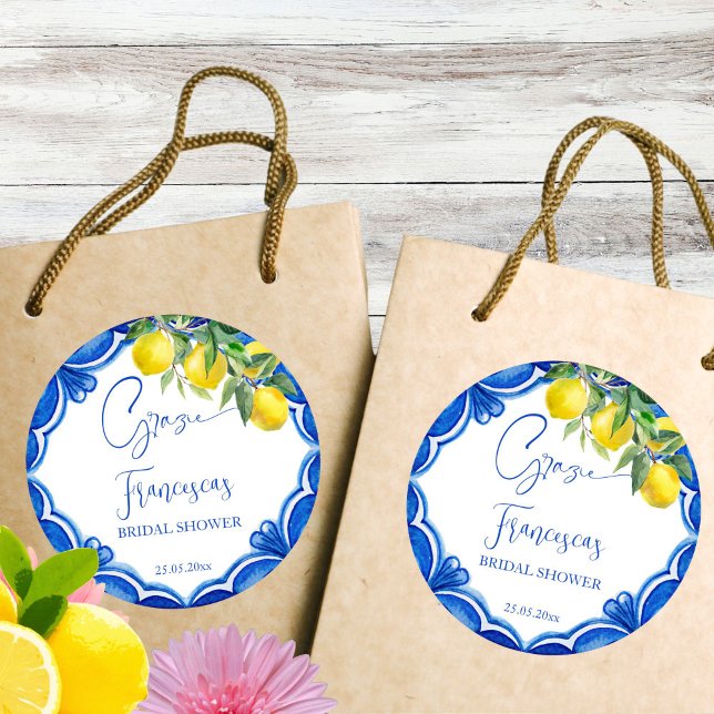 Pegatina Redonda Eso es amore Blue tile el favor italiano del limón (That's amore Blue tile lemon vintage Italian bridal shower thank you favor printed Sticker template)