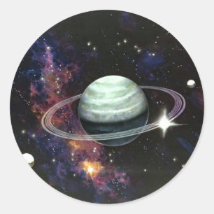 Pegatina Redonda Espacio, anillos de Saturno y lunas