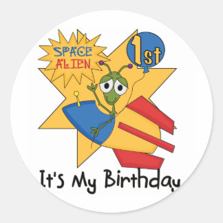 Pegatina Redonda Espacio Extranjero 1er camisetas de cumpleaños y r