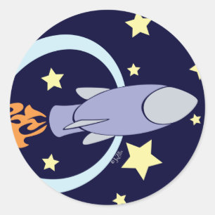 Pegatina Redonda Espacio retro para niños con cohete azul profundo