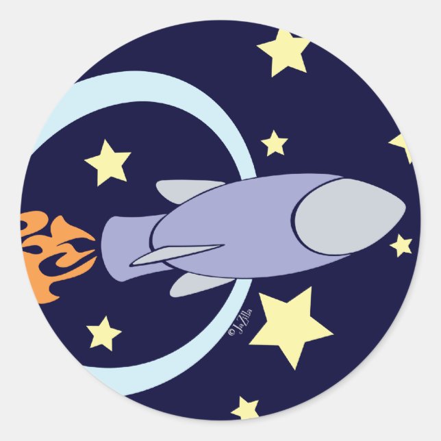 Pegatina Redonda Espacio retro para niños con cohete azul profundo (Anverso)