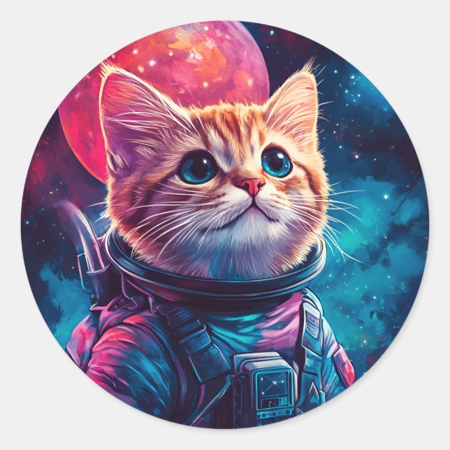 Pegatina Redonda Espacio rosa astronauta de gato (Anverso)