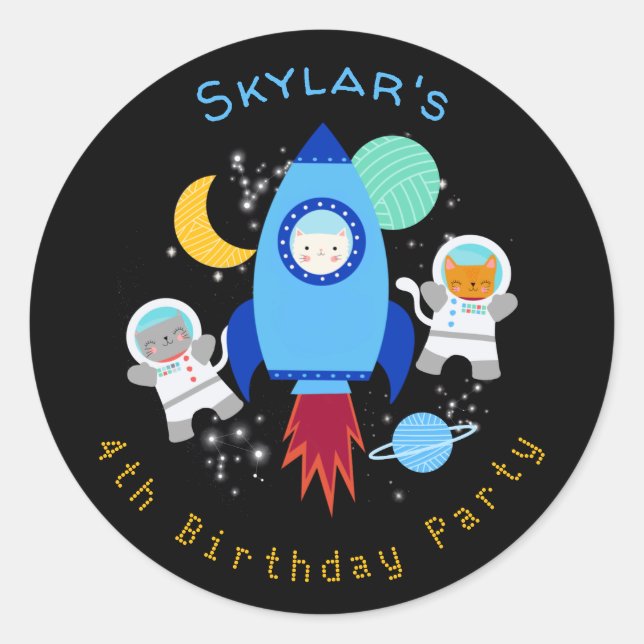 Pegatina Redonda Espacio Ultraterrestre Gatita Astronauta Niños Cum (Anverso)