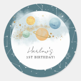 Pegatina Redonda Espacio Ultraterrestre Primer viaje alrededor del