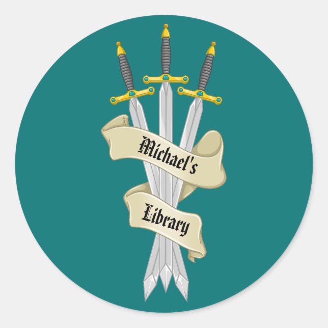 Pegatina Redonda Espada medeival de la biblioteca de (Anverso)