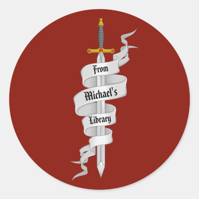Pegatina Redonda Espada medeival de la biblioteca de (Anverso)
