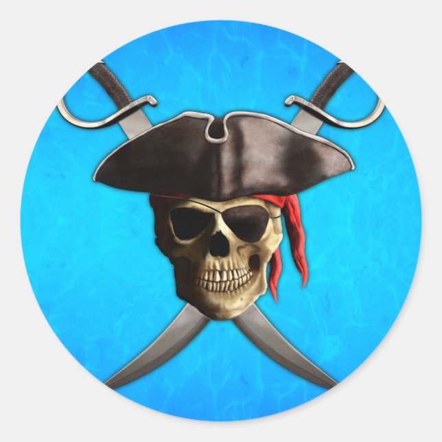 Pegatina Redonda Espadas de cráneo pirata (Anverso)