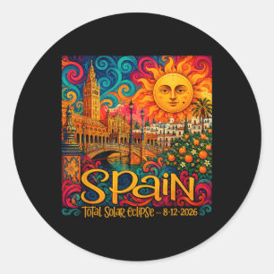 Pegatina Redonda España Eclipse Solar Total 2026 Retro Paisley