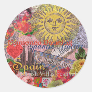 Pegatina Redonda España Vintage Sol Viaje Collage Retro Europa
