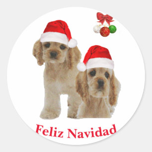 Pegatina Redonda Espaniel Cóker Feliz Navidad