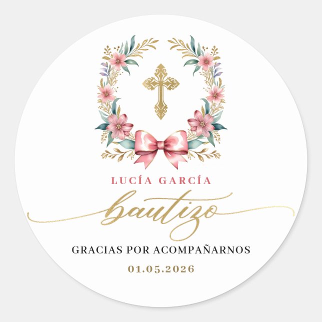Pegatina Redonda Español De Bautizo Gracias Oro Y Rosa (Anverso)