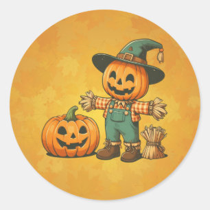 Pegatina Redonda Espantapájaros de Halloween/Caída y calabaza