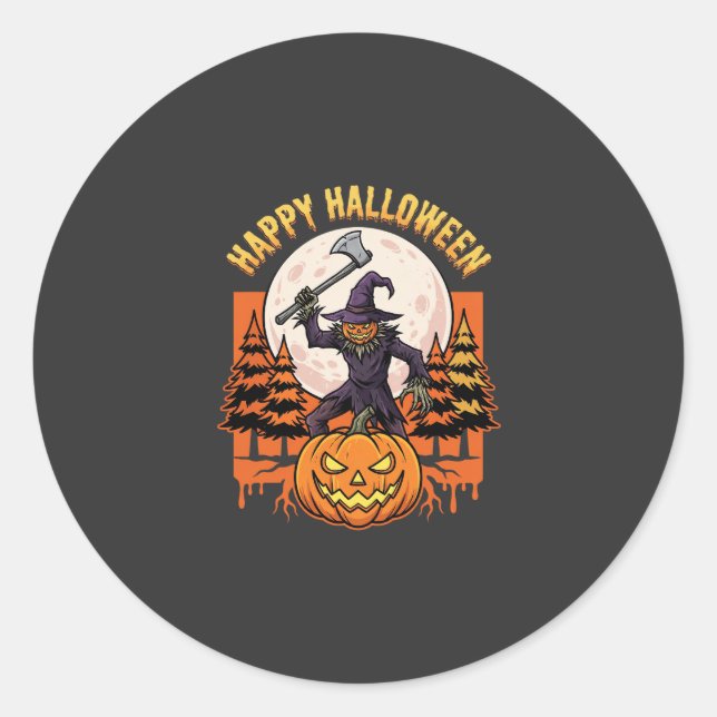 Pegatina Redonda Espantapájaros Feliz Halloween Jack O Linterna Vec (Anverso)