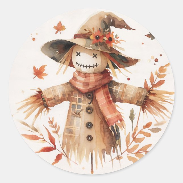 Pegatina Redonda Espantapájaros sonriente acuarela de otoño (Anverso)
