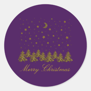 Pegatina Redonda Espantoso árbol de Navidad dorado, luna, estrellas