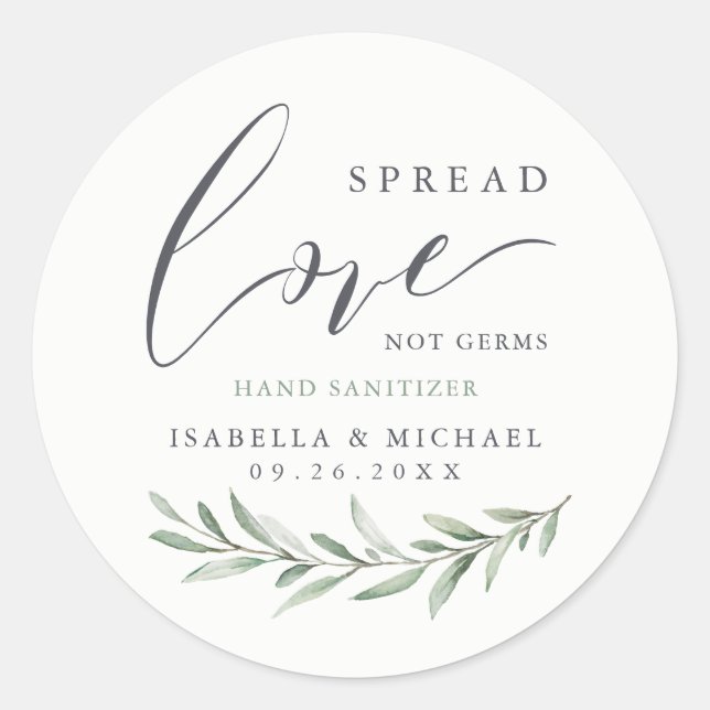 Pegatina Redonda Esparce la mano de amor sanitizer Greenery Wedding (Anverso)