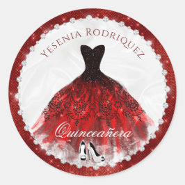 Pegatina Redonda Esparkle de diamante rojo Glam Quinceañera