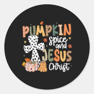 Pegatina Redonda Especias de Calabaza Y Jesucristo Otoño Fe Día de