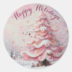 Pegatina Redonda Espectacular árbol de navidad rosado blanco feliz