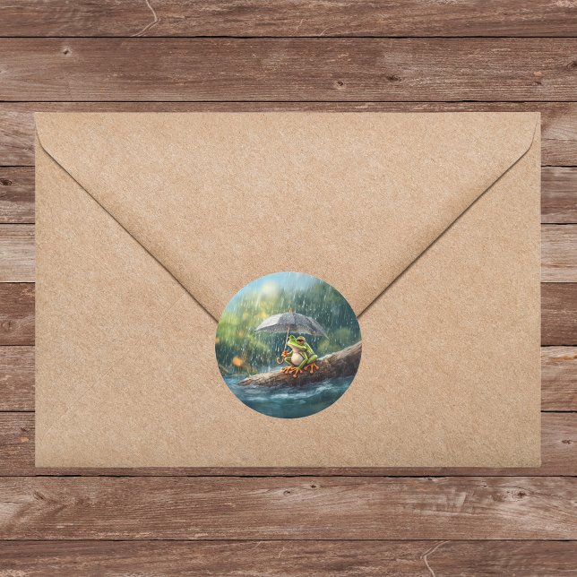 Pegatina Redonda Espectacular fiesta de cumpleaños de la rana Cotta (Whimsical woodland cottagecore child's birthday party rainy day aesthetic invitation stickers)