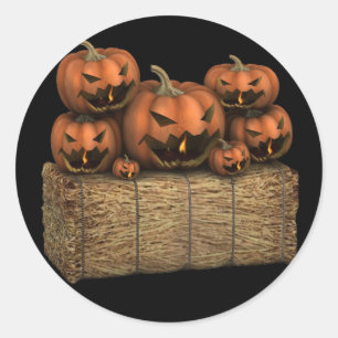 Pegatina Redonda Espectaculares calabazas de Halloween Hay Bale Hal