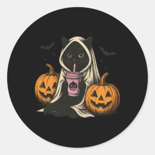 Pegatina Redonda Espectáculo de Fantasma de Gato Negro de Halloween
