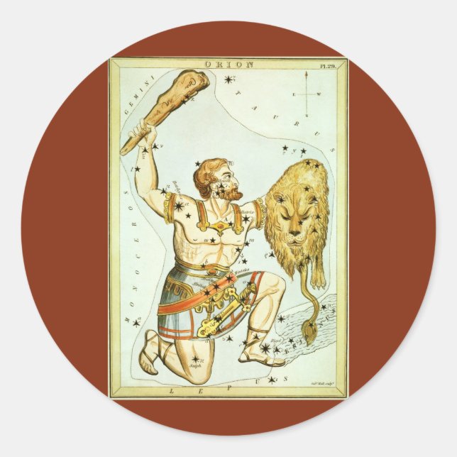 Pegatina Redonda Espejo de Urania, mapa celeste de astronomía vinta (Anverso)