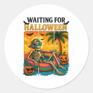 Pegatina Redonda Espeluznante Esqueleto De Verano Esperando Hallowe