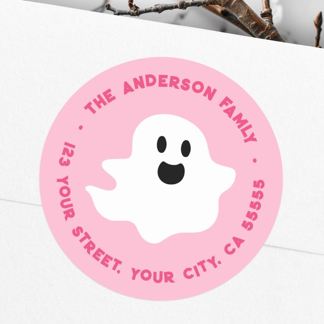 Pegatina Redonda Espeluznante fantasma Halloween dirección de retor (Spooky ghost Halloween pink return address Classic Round Sticker)
