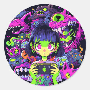 Pegatina Redonda Espeluznante horror lindo Anime Gamer Chica