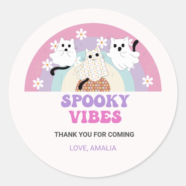 Pegatina Redonda Espeluznantes Vibes Retro Halloween Fantasma Cumpl (Anverso)