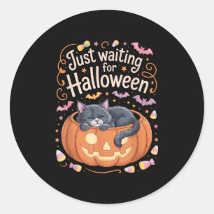 Pegatina Redonda Esperando a Halloween Cat Funny Halloween Quo