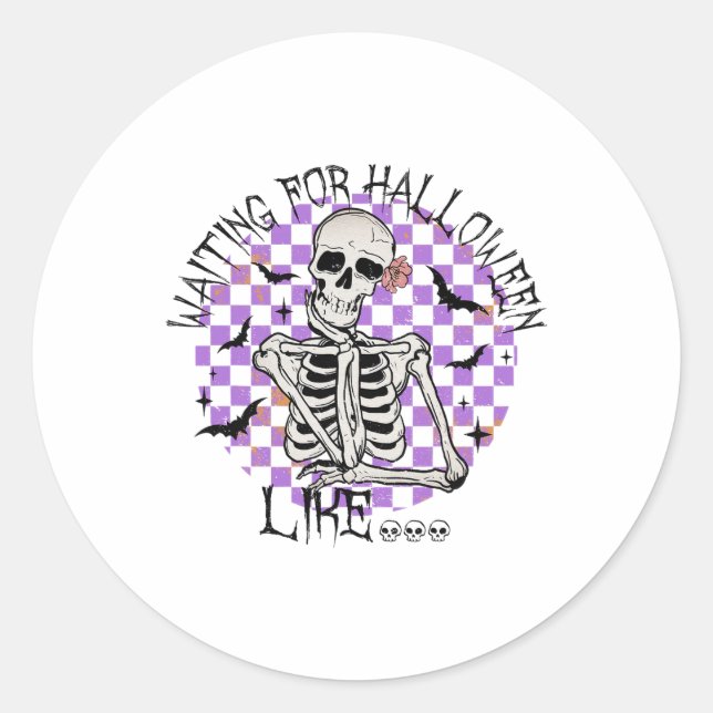 Pegatina Redonda Esperando Halloween Como Funny Skeleton Spooky H (Anverso)