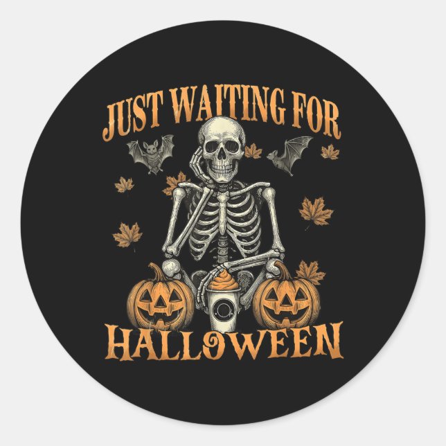 Pegatina Redonda Esperando Halloween Funny Skeleton Spooky S (Anverso)